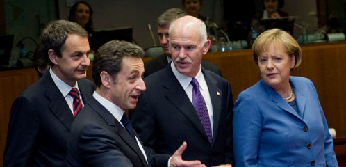 Sarkozy, Merkel, Papandreu y Zapatero en la cumbre de jefes de Estado de la UE